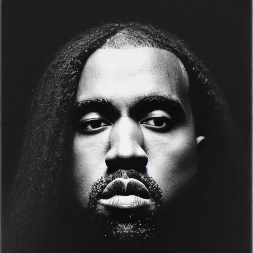 Prompt: a chiaroscuro lighting portrait of kanye west dressed as rick owens, black background, portrait by julia margaret cameron, shallow depth of field, 8 0 mm, f 1. 8