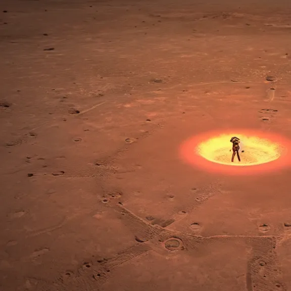 Image similar to wide shot a circular portal opened in an empty field showing an astronaut on the surface of mars on the other side. hyper realistic, 4 k