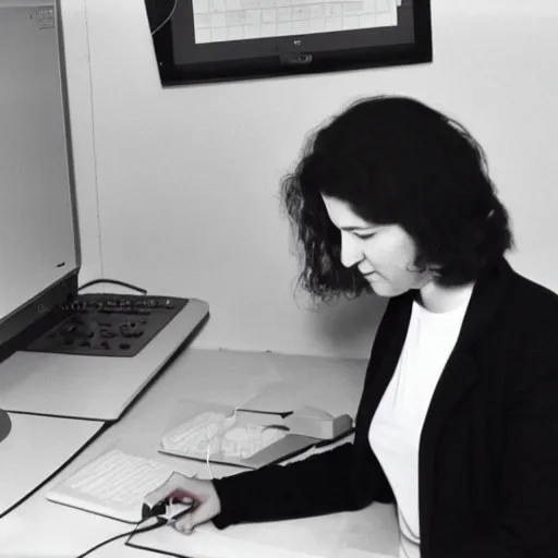 Prompt: a researcher on her pc in 1990 coding a system to design kitchens, hyperrealistic