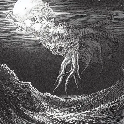 Image similar to cthulhu rising out of the water in front of a small town, night, soaring waves, clouds, illustration by Gustave Doré