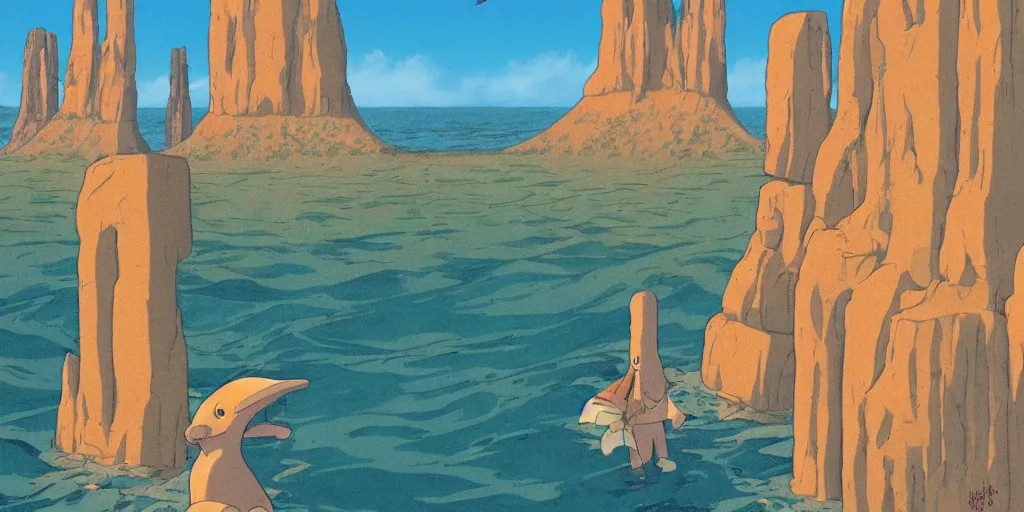 Prompt: a realistic cell - shaded studio ghibli concept art from paprika ( 2 0 0 6 ) of a tan dolphin from close encounters of the third kind ( 1 9 7 7 ) in a flooded monument valley stonehenge. very dull colors, wide shot, hd, 4 k, hq