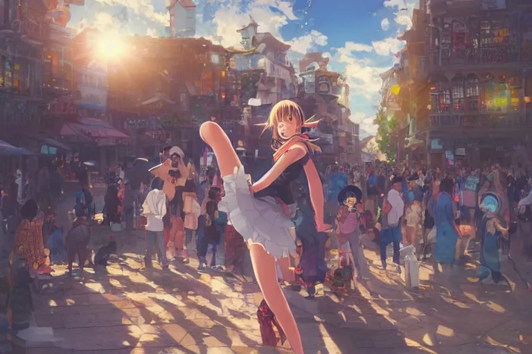 Image similar to Digital anime art by WLOP and Mobius, Town square, a dancing girl performs, happy smile, coins around her feet, large crowd, highly detailed, bright sunshine and lighting