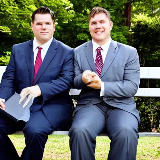 Image similar to two clean - shaven chubby white men in suits and neckties sitting on a park bench. each men are holding manila folders in their hands.