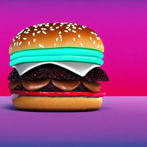 Image similar to synthwave hamburger with a sesame seed bun.