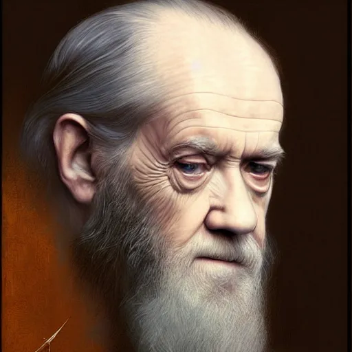 Image similar to beautiful striking Pre-Raphaelite George Carlin by Artgerm and Greg Rutkowski, pale, intricate, elegant, highly detailed, digital painting