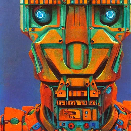 Prompt: portrait of a colourful tribal mecha robot, symmetrical, painting by zdzislaw beksinski,