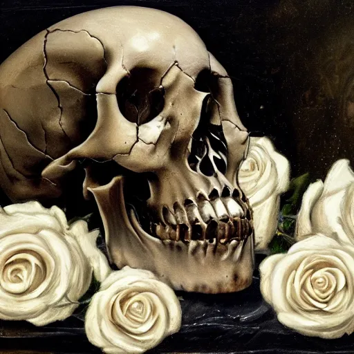 Prompt: a detailed gritty looking baroque still life oil painting of a human skull with white roses coming out of the eye sockets and and shining white diamonds sitting inside the roses, dark black rippling lace curtains behind, wide shot