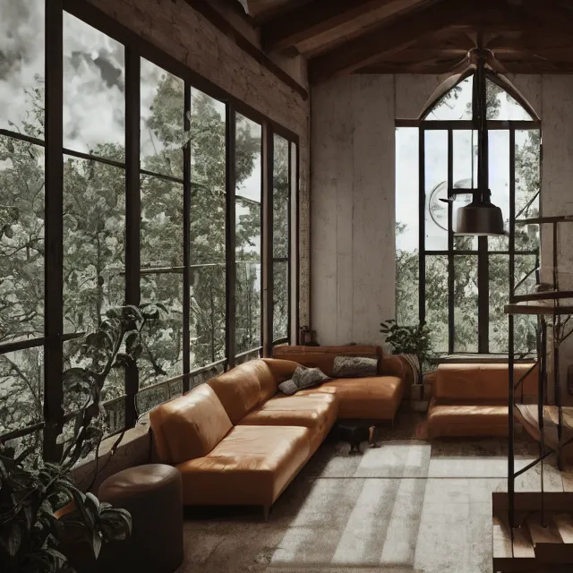 Image similar to post and beam a - frame interior, tall ceilings and loft, caramel leather couch, vintage fridge, large window in back with fall foliage, many plants hanging, marble countertops, spiral staircase, realistic, unreal engine render, octane render, hyper realistic, photo, 8 k