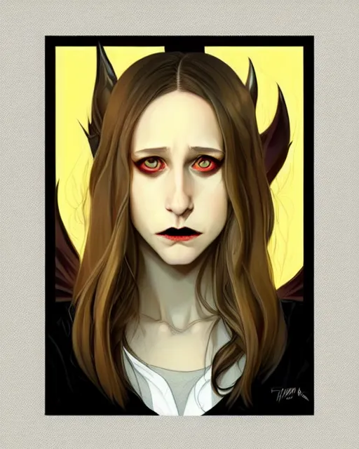 Image similar to in the style of Joshua Middleton and artgerm, beautiful evil vampire Taissa Farmiga sharp bloody vampire fangs open mouth, yellow eyes, symmetrical eyes, realistic face, symmetrical face, brown leather jacket, jeans, long black hair, full body, moody lighting