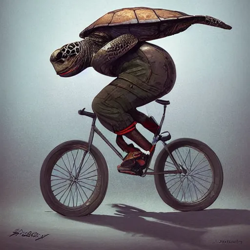 Image similar to a turtle with bike helmet riding a fixie bicycle, digital art by łukasz piskorz and patrick mcenvoy and michael komarck, intricate, highly detailed, artstation, concept art, smooth, sharp focus photo centered