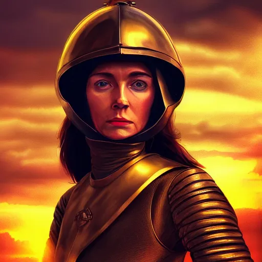 Image similar to subject is a medieval woman ship pilot with long side part hair and wearing breastplate, close portrait of subject is on a ship and looking to dramatic golden neon sunset with wall of storm clouds, dynamic lighting, hyperrealistic, hd 4 k, artstation