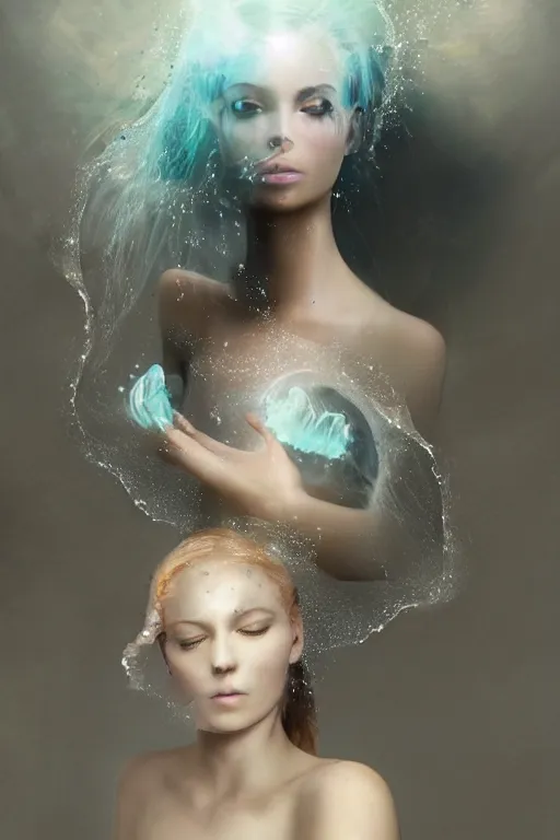 Prompt: A beautiful woman merged with a jellyfish, concept art, atmospheric, photography, magical atmosphere