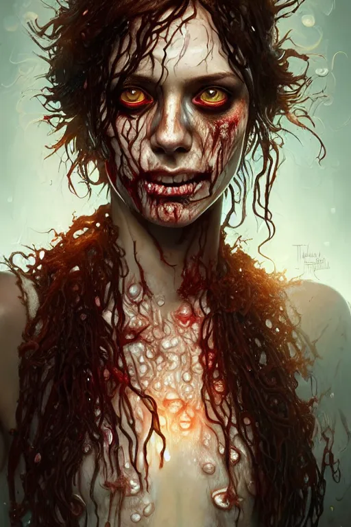 Image similar to beautiful full body portrait of walking dead zombie, hair soaked, by terry o'neill intricate, elegant, highly detailed, digital painting, glowing skin, artstation, concept art, soft, sharp focus, bright lighting, illustration, art by artgerm and greg rutkowski and alphonse mucha, 8 k