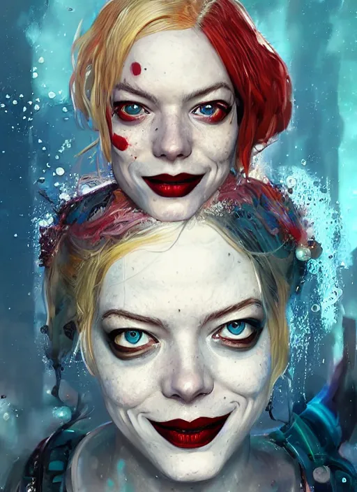 Image similar to underwater biopunk portrait of emma stone as harley quinn, au naturel, hyper detailed, digital art, trending in artstation, cinematic lighting, studio quality, smooth render, unreal engine 5 rendered, octane rendered, art style by klimt and nixeu and ian sprigger and wlop and krenz cushart.