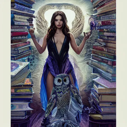 Image similar to a portrait jenna dewan as the goddess minerva surrounded by stacks of books, and owls, bioluminescent gown with deep level of detail of esoteric symbols, urban motifs, intricate, elegant, highly detailed, digital painting, trending on artstation, concept art, smooth sharp focus, illustration, art by artgerm and greg rutkowski