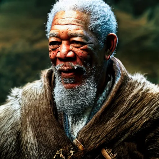Image similar to morgan freeman starring as gimli in lord of the rings, full body, videogame still, portrait, 4 0 mm lens, shallow depth of field, close up, split lighting, cinematic