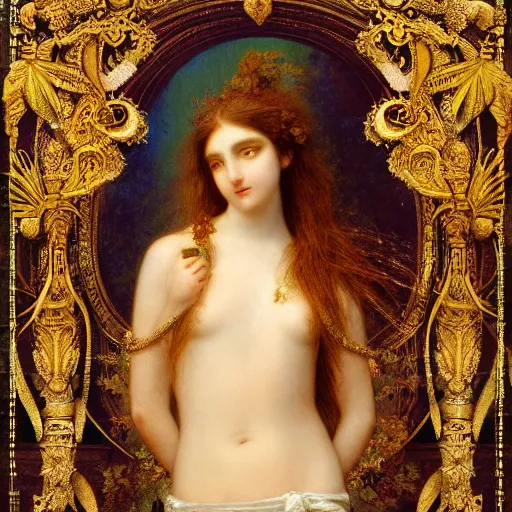 Image similar to a golden ivory beautiful girl by gustave moreau and gustave dore, 8k, octane render, art nouveau