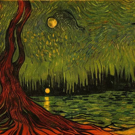 Image similar to towering misty dark fantasy forest surrounding a pond, a rusalka sits on the roots of an ancient tree looking up at the moon, looming trees, midnight, painting by van gogh