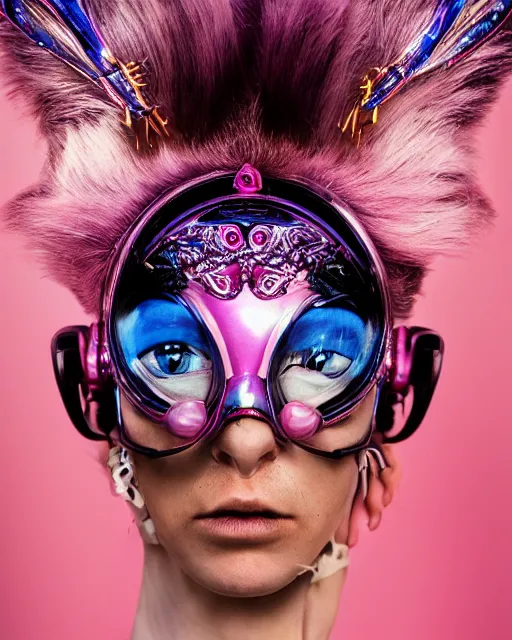 Image similar to natural light, soft focus portrait of a cyberpunk anthropomorphic cat with soft synthetic pink skin, blue bioluminescent plastics, smooth shiny metal, elaborate ornate head piece, piercings, skin textures, by annie leibovitz, paul lehr