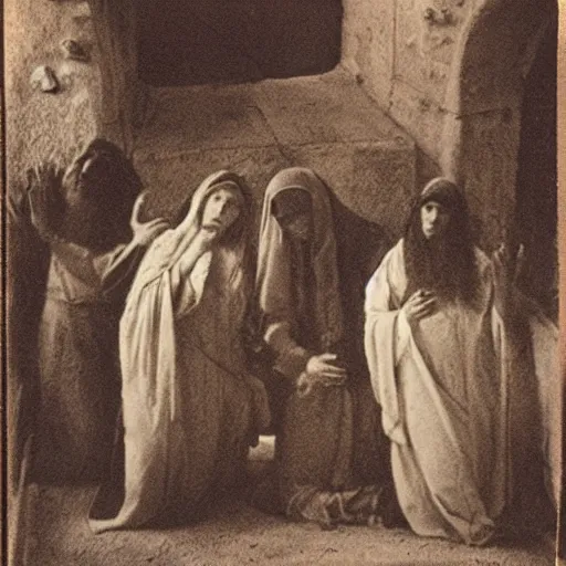 Image similar to 1 9 th century photo of 3 mary's at the tomb of jesus, by julia margaret cameron, beautiful composition