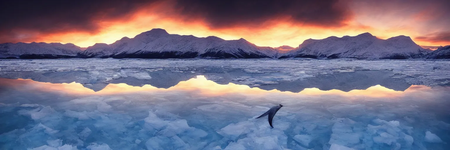 Image similar to amazing landscape photo of a large whale underneath transparent frozen lake at sunset by marc adamus beautiful dramatic lighting