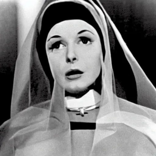 Prompt: skary nun, movie still, 1960's motion, horror, high quality