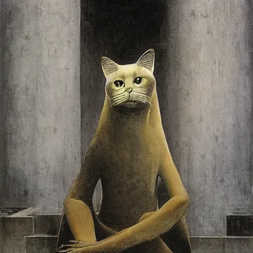 Prompt: a giant human-cat hybrid sitting in a mall, by Zdzisław Beksiński