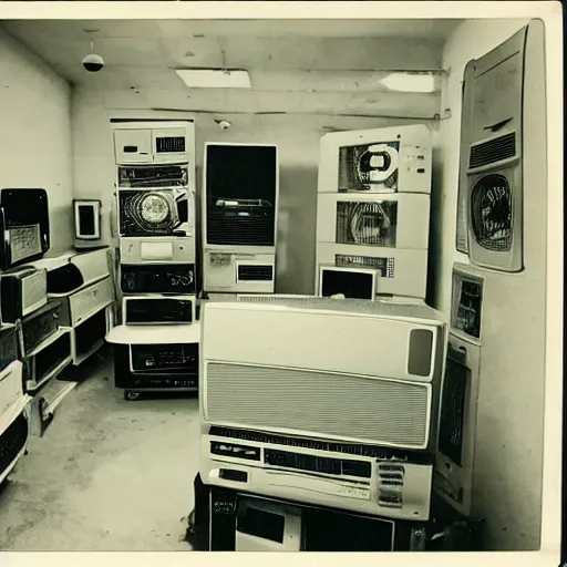 Image similar to array of crt televisions, tv static, antenna, stacked, polaroid, steroids, adult video store