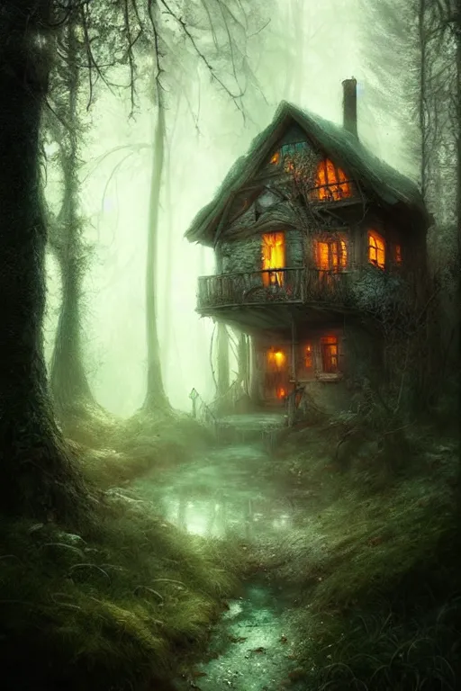 Image similar to a ramshackle cabin in the woods, magical forest, fairytale style, Fairycore, cottagecore, fantasy, by Bastien Lecouffe Deharme