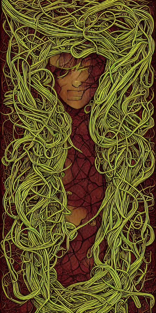 Image similar to beautiful woman, cthulhu, woven, wires, vines, ropes, intertwined, wrapped around, intricate digital art, extremely detailed, 8 k