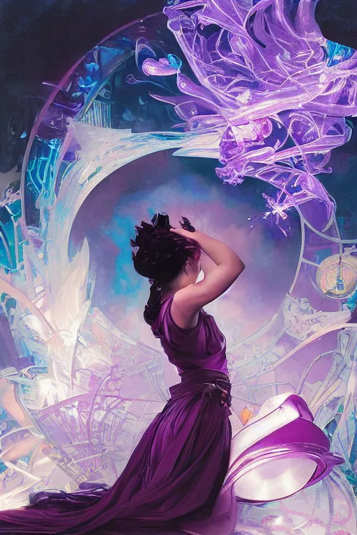 Prompt: she dreams of arcs of purple flame intertwined with glowing sparks, glinting particles of ice, dramatic lighting, steampunk, bright neon, secret holographic cyphers, red flowers, solar flares, high contrast, smooth, sharp focus, art nouveau, painting by Caravaggio and WLOP and ruan jia and greg rutkowski and Alphonse Mucha