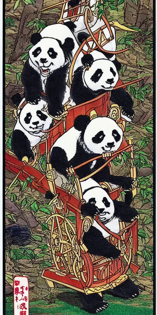 Image similar to a chariot drawn by pandas in japan, 1990s anime, full color, tarot card the chariot,