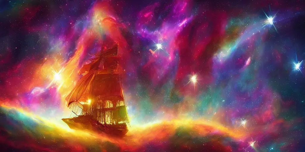 Image similar to a tall ship flying through a nebula. beautiful lighting and composition. science fiction painting. painterly, colourful. digital painting