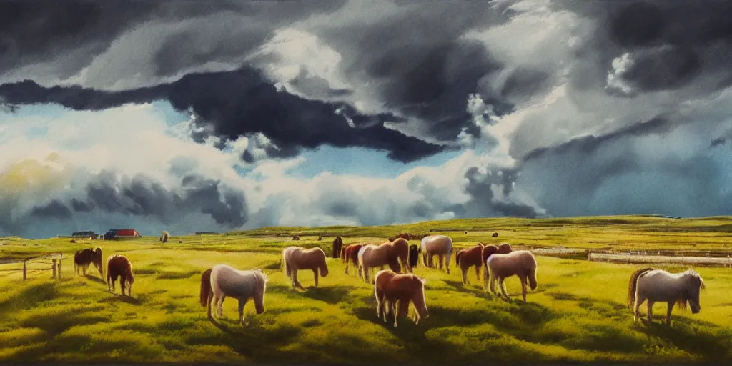 Image similar to a beautiful painting of a icelandic farm, icelandic horses galloping, storm clouds gathering over the town, by studio ghibli 8 k pastel colours, isometric, three point perspective, drone shot, smeared watercolours, golden light, film grain