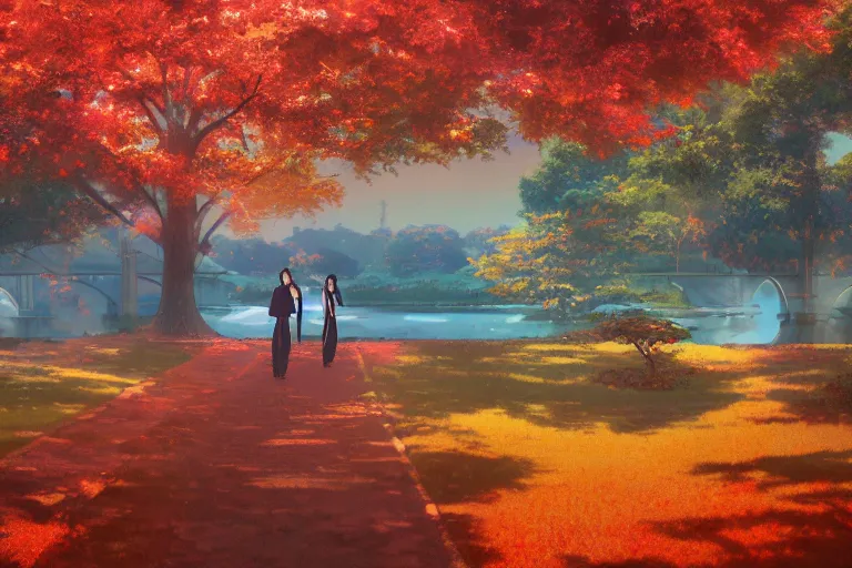 Prompt: hypnagogic reflections by makoto shinkai, centered torii gate, japanese countryside, autumn foliage season, anime wallpaper, 4k, trending arstationhq, daily deviation