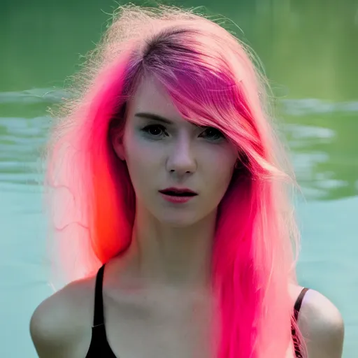 Prompt: a beautiful thin pale woman in the lake, neon glowing hair, 4k telephoto lens,