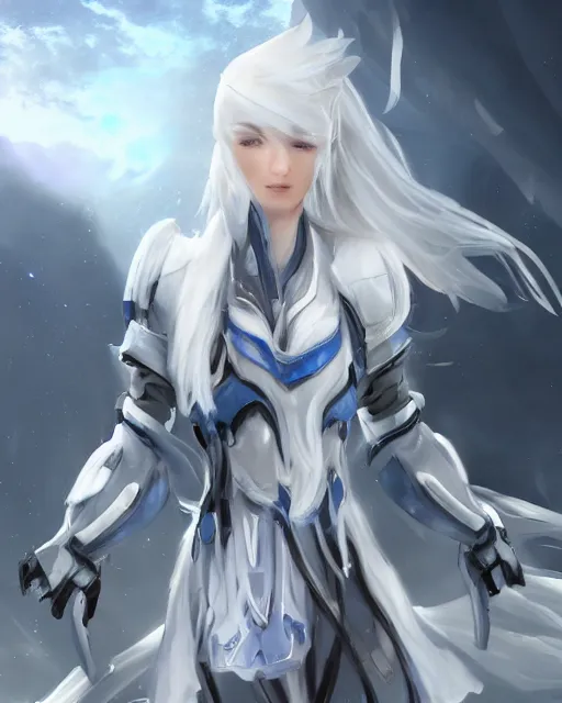 Image similar to perfect white haired girl, warframe armor, beautiful, dreamy, half asian, pretty face, blue eyes, detailed, windy weather, scifi platform, laboratory, experiment, 4 k, ultra realistic, epic lighting, cinematic, high detail, masterpiece, art by akihito tsukushi, akasuki voidstar