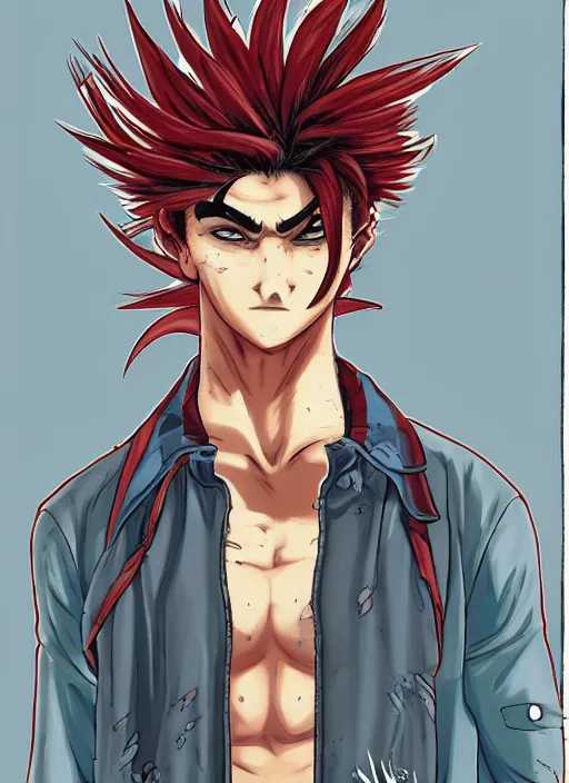 Image similar to a young man of 2 5 years old, with a bruised face and bruises, is standing in a doorway in a boxer's stance, casual clothing style, by james jean art, by boichi manga style, hairstyle red mohawk, cold colors, comics style, angry 8 k