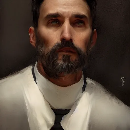 Image similar to An oil painting of a man dressed as a priest in his forties, beautiful and sharp face, dark brown hair with streaks of grey in it, highly detailed, by Greg Rutkowski, trending on artstation