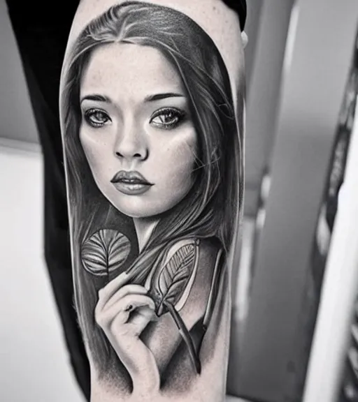 Image similar to a beautiful girl portrait at amazing nature and mountains, realism tattoo design, in the style of den yakovlev, black and white, hyper realistic, highly detailed