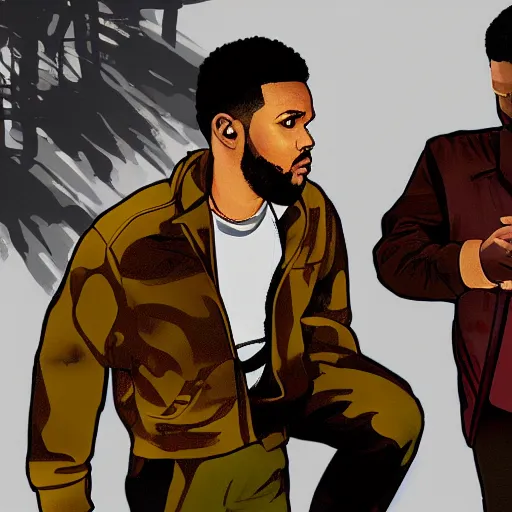 Prompt: the weeknd and drake in the style of gta v artwork, digital art