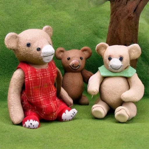 Prompt: teddy bears picnic in the style of carol lawson, as clay figures,