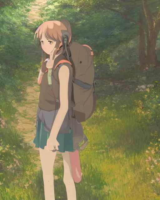 Image similar to a full shot of a teenage girl on a hike, moe, kawaii, pretty, lovely, detailed face, digital art by makoto shinkai and claude monet