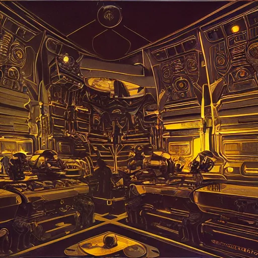 Prompt: painting of a syd mead scifi ancient civilzation interior engine room, filigree ornaments