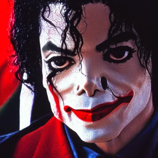 Image similar to a film still of Michael Jackson starring as The Joker, 40mm lens, shallow depth of field, split lighting, cinematic