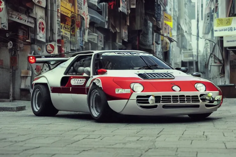 Image similar to 1975 Citroen DM BMW M1 Stratos, city in anime cyberpunk style by Hayao Miyazaki