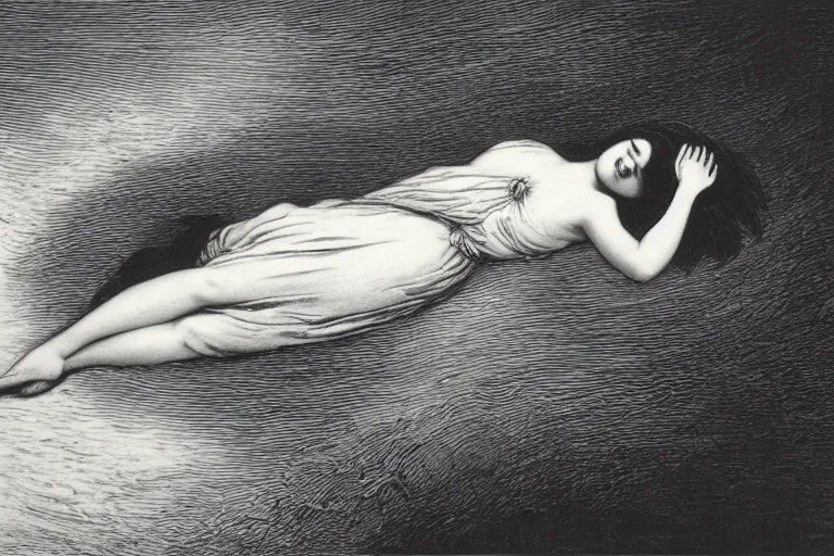 Image similar to black and white, young french woman sleeping in the flowfield, top view, Gustave Dore lithography