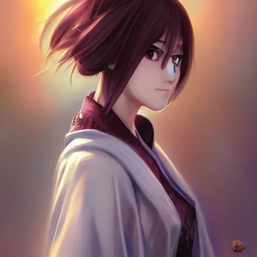 Image similar to A realistic anime portrait of a beautiful Lain Iwakura with a human face wearing a kimono, digital painting, by Stanley Artgerm Lau, WLOP, and Rossdraws, digtial painting, trending on ArtStation, deviantart