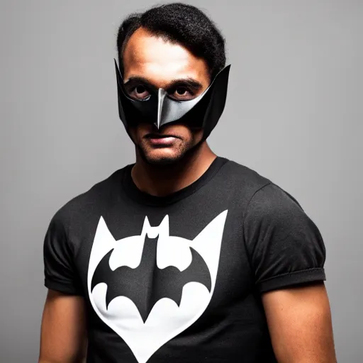 Prompt: photo of a black man wearing batman mask