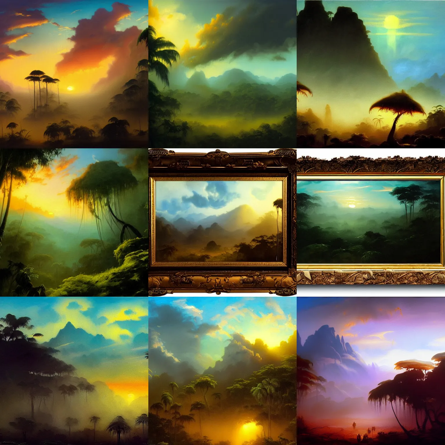 Prompt: foggy jungle , muscular skeleton silhouette backlight , cyan atmosphere , very detailed oil painting by frazetta visible brushmarks, dramatic clouds sunset panorama with ground and sky